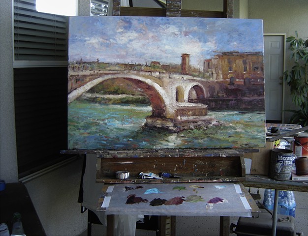 Ponte Fabricio, Roman bridge, ancient Roman bridge, original oil painting