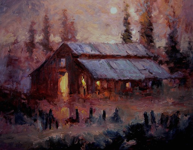 Paintings of barns Old barn in the moonlight, oil paintings of barns, oil paintings of old barns, glowing light, moonlight
