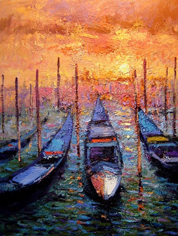 Venetian gondolas original oil painting on canvas. Venice 