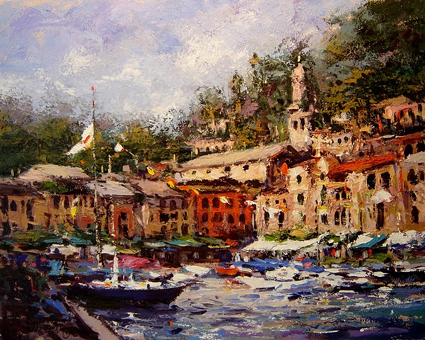 Holiday in Portofino, flags flying, boats in the harbor.  R W Bob Goetting, french and italian riviera