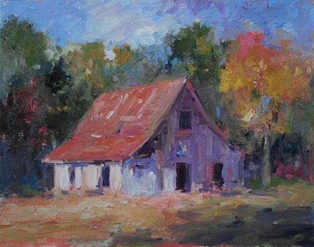 Old white barn, oil paintings of barns, original oil paintings, R W Bob Goetting, oil paintings of old barns
