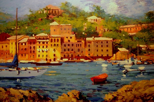 Painting of Portofino Italy original oil painting R W Bob Goetting Painting of Portofino, french and italian riviera