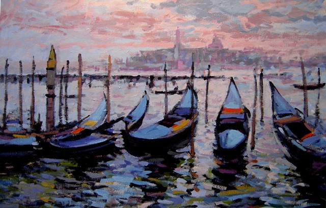 Gondolas, painting of gondolas, painting of Venetian gondolas, blue gondolas 