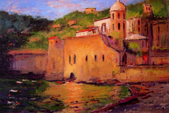 Sunset in Vernazza Italy, painted in a Fauvist style R W Bob Goetting, french and italian riviera