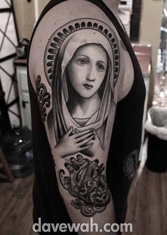 virgin mary tattoo by dave wah at stay humble tattoo company in baltimore maryland the best tattoo shop in baltimore maryland