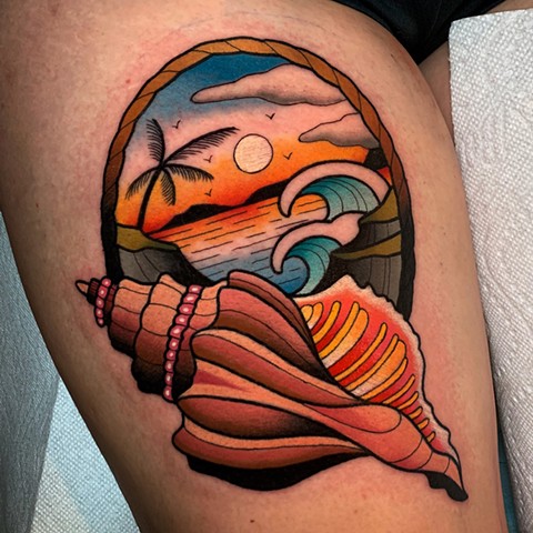 beach scene tattoo by dave wah at stay humble tattoo company in baltimore maryland the best tattoo shop and artist in baltimore maryland