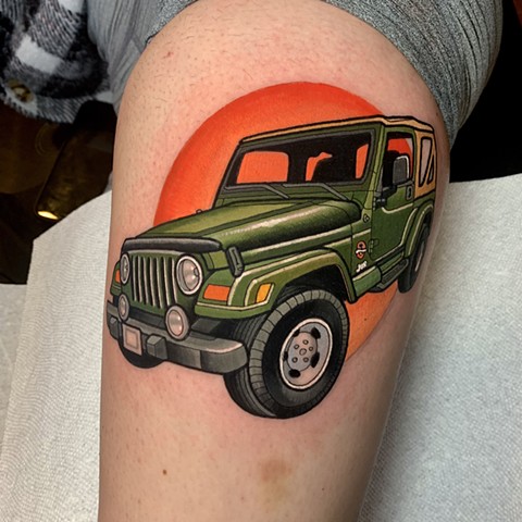 Jeep Wrangler tattoo by tattoo artist dave wah at stay humble tattoo company in baltimore maryland the best tattoo shop in baltimore maryland