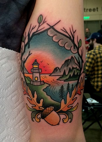 traditional landscape tattoo by dave wah at stay humble tattoo company in baltimore maryland the best tattoo shop in baltimore maryland