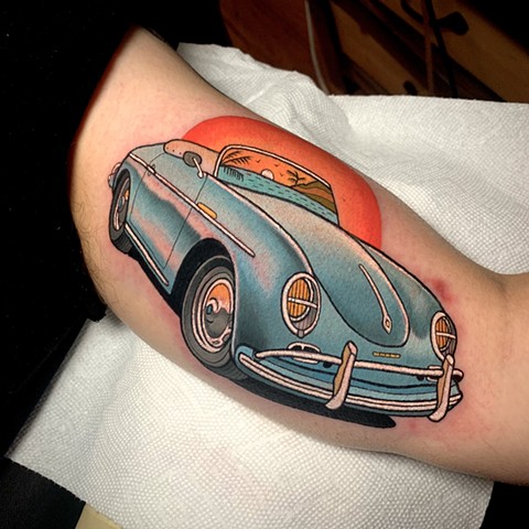 convertible volkswagen beetle tattoo by tattoo artist dave wah at stay humble tattoo company in baltimore maryland the best tattoo shop in baltimore maryland