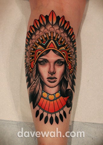 girl with indian headdress tattoo by dave wah at stay humble tattoo company in baltimore maryland the best tattoo shop in baltimore maryland
