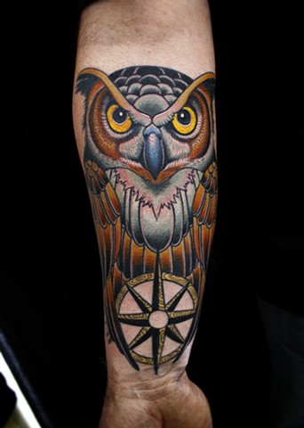 owl and  compass tattoo by dave wah
