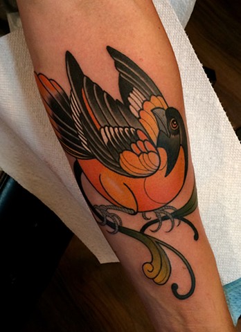 oriole bird tattoo by dave wah at stay humble tattoo company in baltimore maryland the best tattoo shop in baltimore maryland