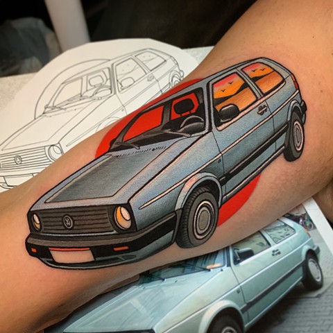volkswagen golf tattoo by tattoo artist dave wah at stay humble tattoo company in baltimore maryland the best tattoo shop in baltimore maryland