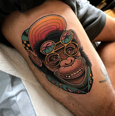 80's party chimpanzee tattoo by dave wah at stay humble tattoo company in baltimore maryland the best tattoo shop and artist in baltimore maryland