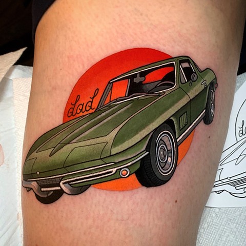 1967 corvette coupe tattoo by tattoo artist dave wah at stay humble tattoo company in baltimore maryland the best tattoo shop in baltimore maryland