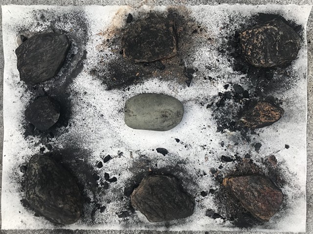 performative process from "Witness 6" 
April 2020 
performative drawing with rocks, tea, and charcoal