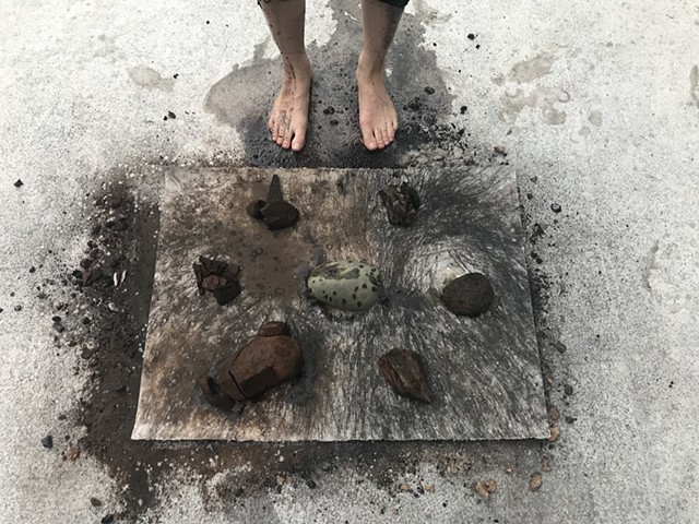 performative process from "Witness 7" 
April 2020 
performative drawing with rocks, tea, charcoal, and rain