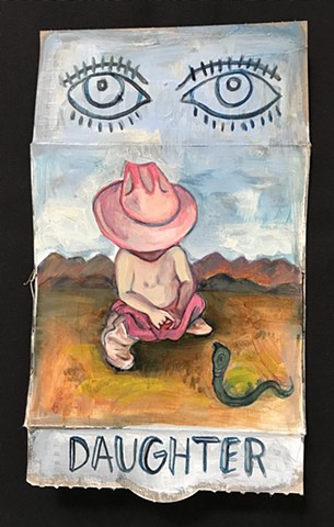 oil painting on snack box little girl in cowboy hat with boots and a snack