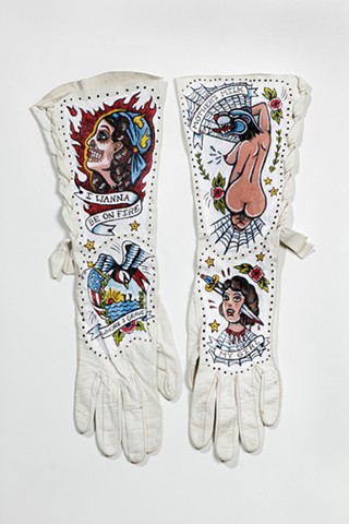 vintage leather gloves with traditional  pinup tattoos
