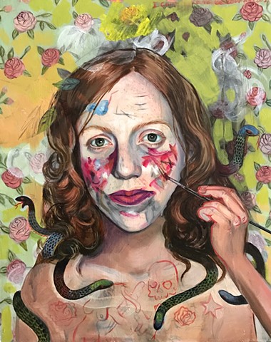 self portrait with painted face, contemporary oil painting, snakes, tattoo