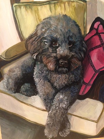 oil painting of dog on chair, commissioned pet portait