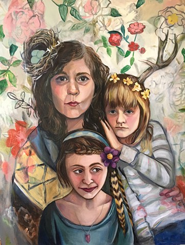 Commissioned oil portrait of mother and two daughters