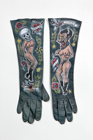vintage leather gloves hand painted with traditional tattoo images, folk art, outsider art, burlesque, weird, sexy, fashion