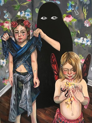 oil painting portrait on canvas with spooky eyes,contemporary art, figurative art, floral wall paper, girls dressing up