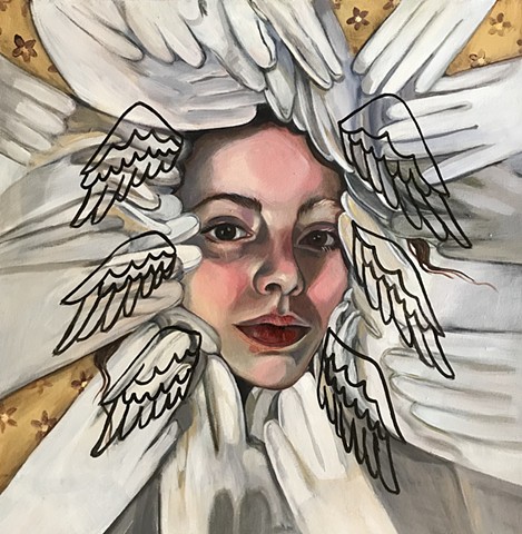 oil painted portrait with face and gloves, wings, contemporary painting, contemporary artist, feminist artist