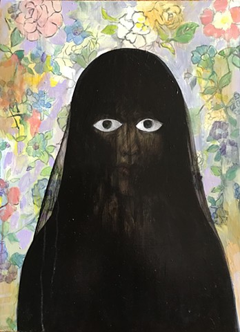 dark veiled woman, rose wall paper, oil painting, eyes, witch, seer, mourning veil