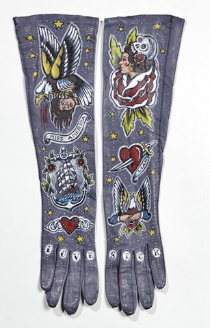 textile artwork, mixed media,vintage leather gloves with tattoo designs, fine art, outsider art, folk art