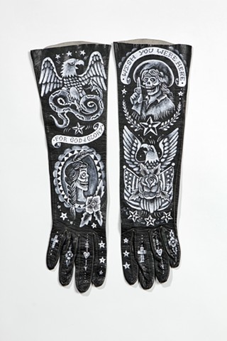 tattoo on vintage gloves with cowgirl, american eagle and indian skull girl