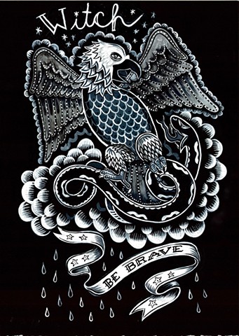 tattoo flash painting of an eagle with the word witch above it