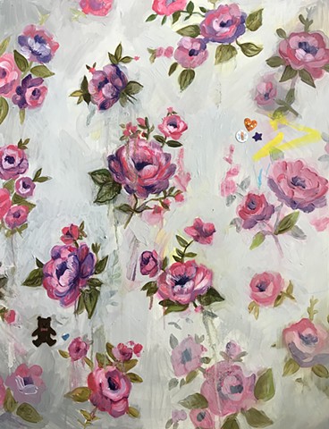 floral wall paper with vintage roses, contemporary artist, oil painting, pink and purple