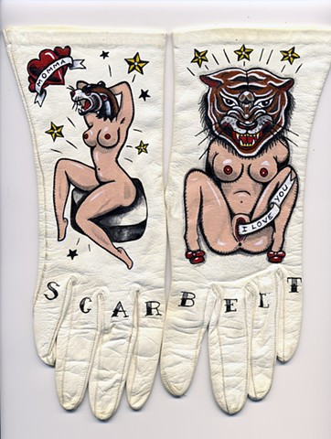 vintage leather gloves with  pin up traditional tattoo inspired images, mothering, birth, love, 