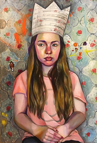 oil portrait with patterned wall paper and paper crown, figurative oil painting, contemporary art contemporary painting