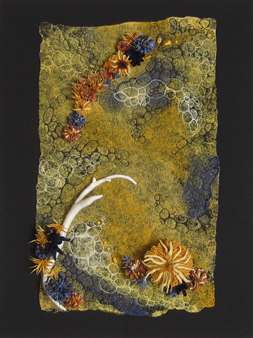 "Sea Urchins and Sharks" is a Nuno felted mixed media piece of contemporary fiber art by Linda Thiemann. 