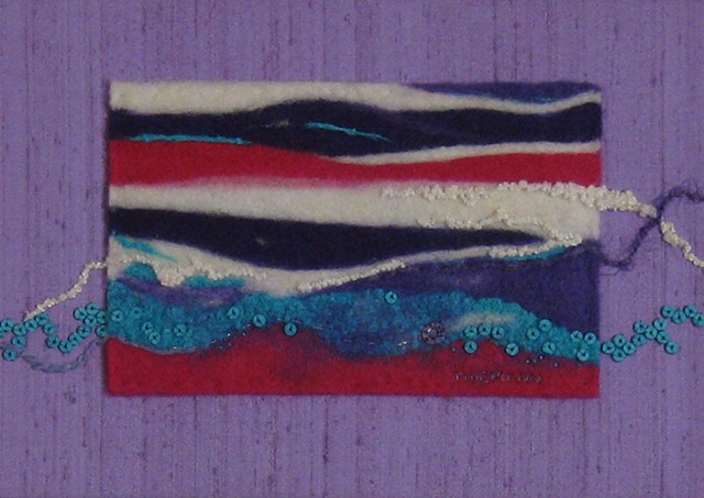 "Purple Mountains Majesty" is a  felted mixed media piece of contemporary fiber art by Linda Thiemann. 
