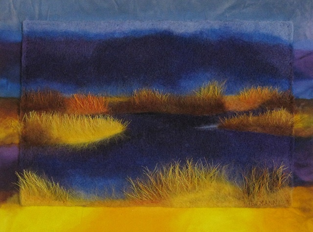 "The Marshland" is a felted mixed media piece of contemporary fiber art by Linda Thiemann. 