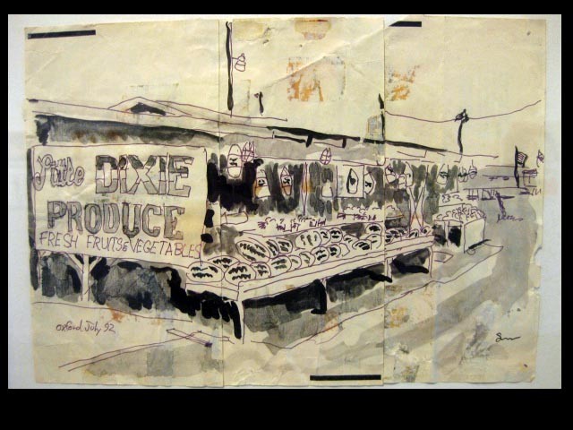 Anniston Alabama ink drawing rural fruit stand