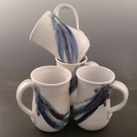 Mugs, new glaze design, clear base with blues and purples.