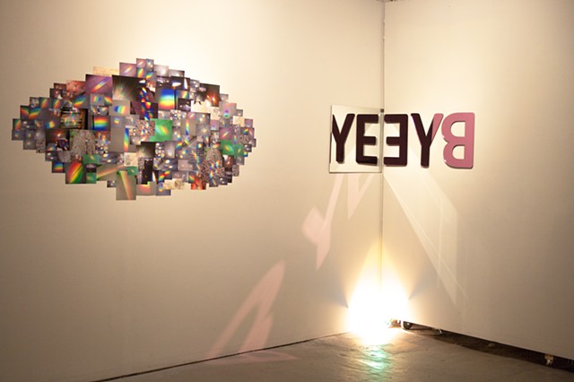 Mixed media Installation art text art bye and glass and light 
