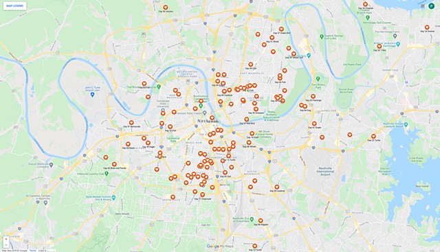 Map of sign locations across Nashville Fall 2020