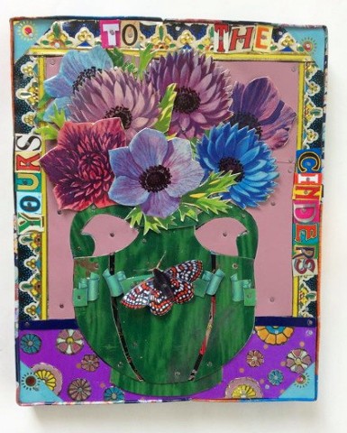 Recycled tin artwork of vase of flowers