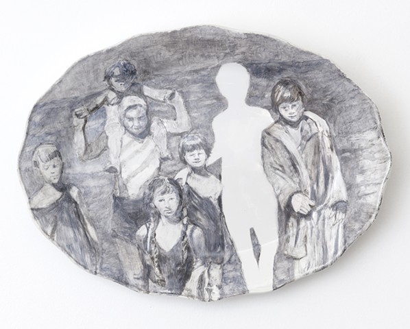 Onglaze portrait painting on a second hand ceramic plate based on a family photograph.