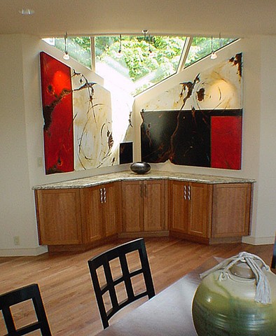 Spectacular site specific commission to satisfy this particular corner of a home yet also enhance a unique window feature, this shaped diptych has dramatic red and black squares and fantastic patina stains along with great fractures and scratch marks.  
