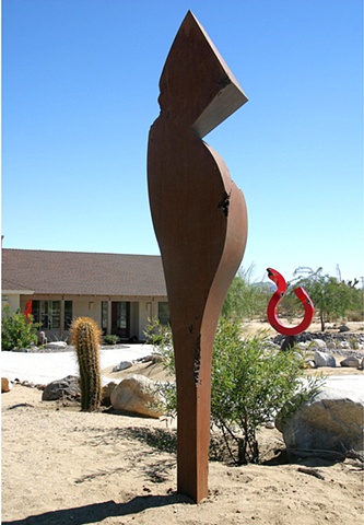 large outdoor steel sculpture with rusted brown patina 