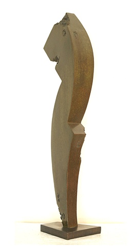 Pedestal sized rendering of "Temptress", with darker patina but same curvy figurative shape.