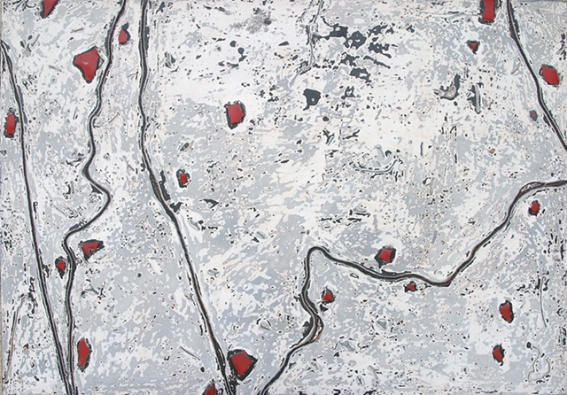 Winding black lines, bright red spots under glass that is sanded and polished like agates atop and white and gray background.