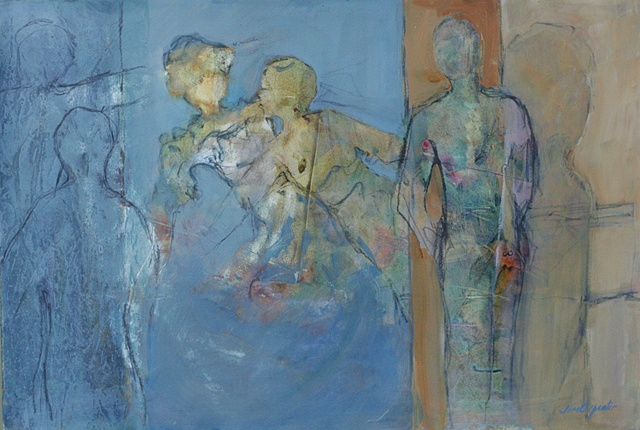 Parages by Jim Carpenter is an original acrylic painting on paper of family figures abstract blue in Gainesville FL